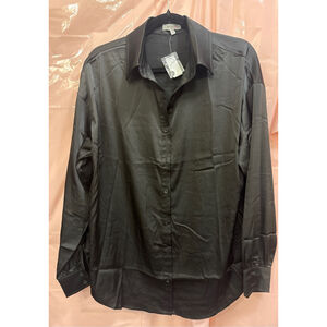 Women's Better Be Black Satin Button Down Shirt M
